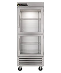Kickass 23 Inch Commercial Reach In Refrigerator With Right Hinged Split Glass Doors Providing Twenty Point Five Cubic Feet Of Space For Kitchen Crews Staging Prep Batches And Backup Gear, front view with shelves.