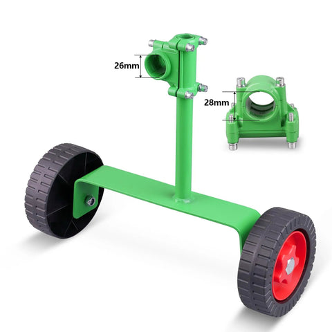 Adjustable String Trimmer Support Wheel Attachment For 26mm And 28mm Poles, green metal roller with two wheels for ergonomic use.