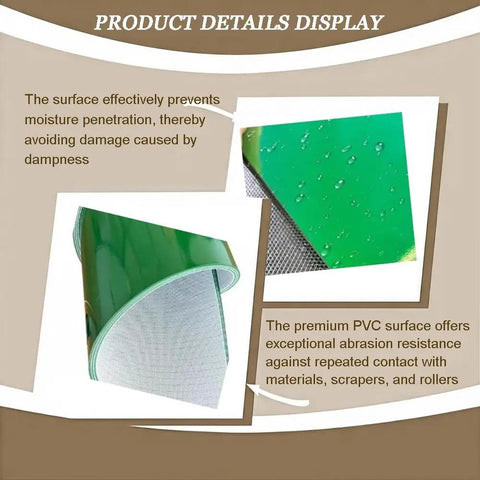 Product details of Wide Green PVC Conveyor Belt For Packaging Lines And Home Use, showing moisture resistance and surface texture