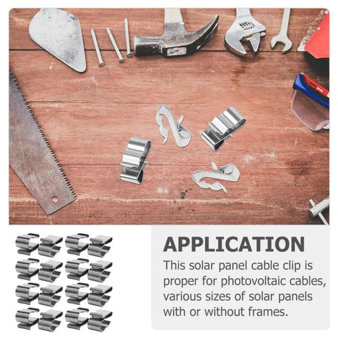 Hella Tough 50 Pack Stainless Steel Solar Cable Clamps For Photovoltaic Wire Management on workbench with tools.
