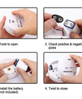 Step-by-step setup guide for Two-Pack Battery Operated Water Leak Alarm Sensor With 90dB Alarm, showing battery installation.