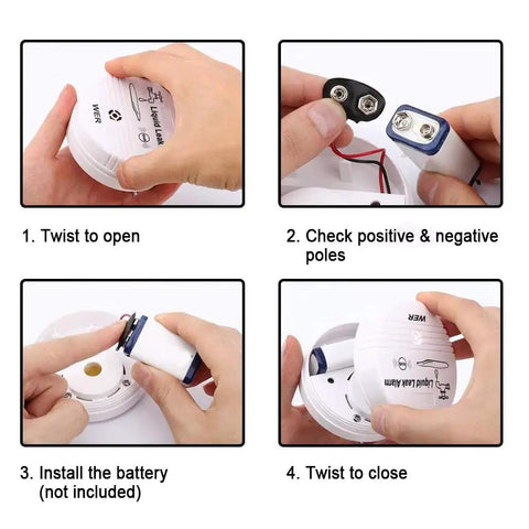 Step-by-step setup guide for Two-Pack Battery Operated Water Leak Alarm Sensor With 90dB Alarm, showing battery installation.
