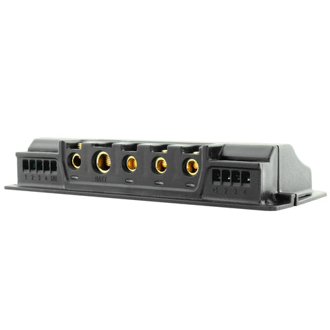 Side view of 4 Channel 100 Amp Solid State Relay Block for Marine, Powersports and Car Accessories, with independent outputs and connectors.
