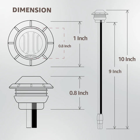 Diagram of Lit 50 Pack 3/4 Inch Smoked Amber LED Marker Lights With 3 LEDs Each, showing dimensions and bullet connector plug