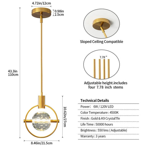 Diagram of Dope Modern Crystal Pendant Light In Gold Brushed Brass Finish With 4.33 Inch K9 Crystal, showcasing dimensions and features