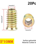 Built To Last Durable Threaded Insert Nuts For Wood With Hex Drive M5x10mm Set Of 20, zinc plated carbon steel, front and side view