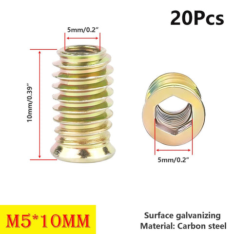 Built To Last Durable Threaded Insert Nuts For Wood With Hex Drive M5x10mm Set Of 20, zinc plated carbon steel, front and side view