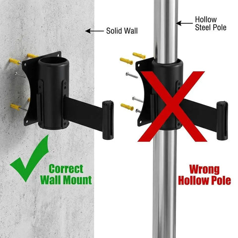 Wall Mounted Retractable Belt Barrier Two Pack For Crowd Control With 10 Foot Belts for firm wall mounting illustration.