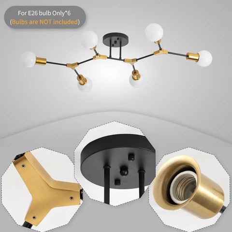 Six Light Gold And Black Sputnik Ceiling Light Fixture Modern Mid Century Vibe Semi Flush Mount E26 LED Compatible