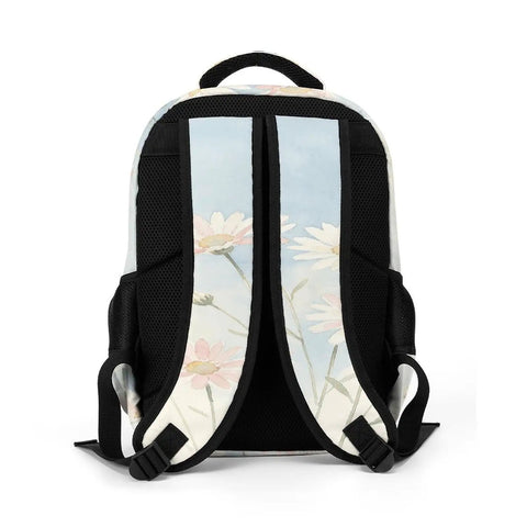 Back view of Pastel Pink White Daisies Printed Unisex Backpack With Large Capacity, Durable Polyester Daypack For School, Work, Travel, And Everyday Adventures That Actually Works