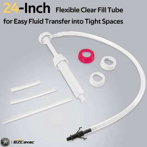 Bzcovac 30cc hand oil transfer pump kit with clear fill tube, white adapters, and pump nozzle.