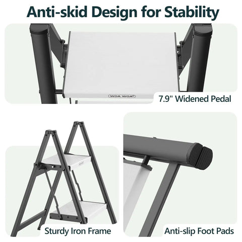 Foldable Two Step Ladder With 330 Pound Capacity Anti Slip Feet Sturdy Alloy Construction Compact Step Stool For Home Kitchen Closet Use Black And White, 7.9" pedal