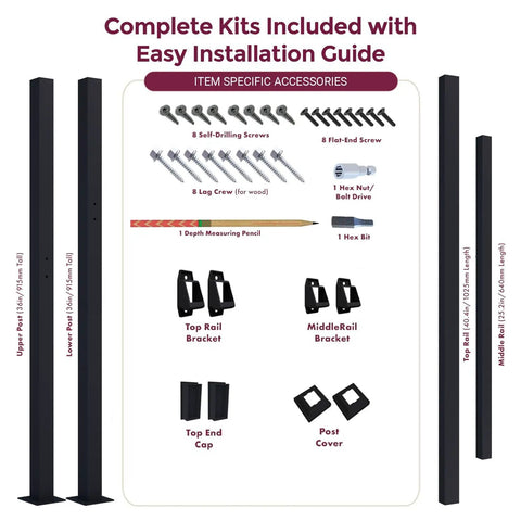 Nifty And Rock Solid Two To Three Step Stair Handrail Kit With 40 Inch Top Rail components including posts, brackets, and screws.