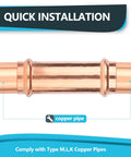 Top Tier 50 Pack 1 Inch Press Fit Copper Extended Couplings With No Stop Heavy Duty Fittings close-up of copper pipe installation.