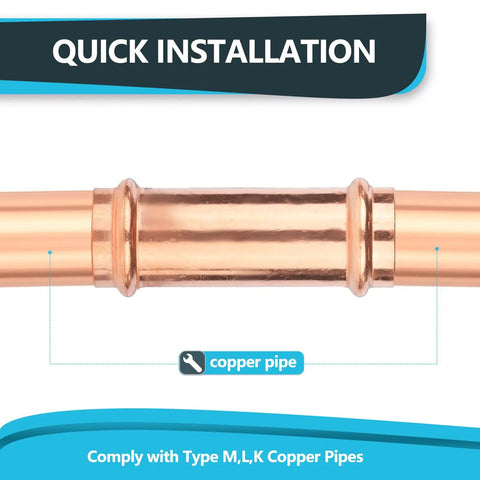Top Tier 50 Pack 1 Inch Press Fit Copper Extended Couplings With No Stop Heavy Duty Fittings close-up of copper pipe installation.