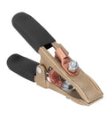 Heavy Duty Brass Welding Ground Clamp Rated For 500 Amps With Large 60mm Jaw Opening For Secure Earth Clip Hookups On Cars And Heavy Power Train Manufacturing Jobs You Can Count On Today, showing the clamp's jaw and handle.