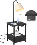 Floor Lamp With Built In Table And USB Outlet Nightstand Drawer Attached Reading Light End Table With Integrated Power For Living Room Or Bedroom Black Finish Bulb Included
