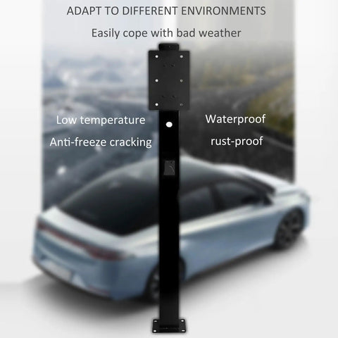 Heavy Duty Floor Mounted EV Chargers Built Like A Tank With Rustproof Steel Outdoor Electric Vehicle Charging Station ultra tough weather resistant pedestal in black.