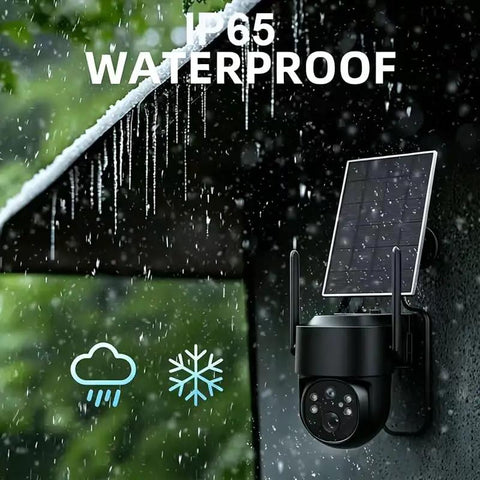 Reliable 4G LTE Solar Security Camera Delivers Crisp 5MP Footage And Vivid Color Night Vision No More WiFi Headaches Featuring Rugged IP65 Build Tailored For Backyards And Off Grid Sites mounted outdoors, showing solar panel in rain.