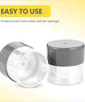 2 Pack Trailer Dust Covers 1.98 in Rubber Wheel Protectors shown on a light background, one upright and one lying down.