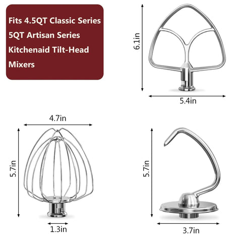 Kitchenaid 4.5-5Qt accessories, including Dough Hook For KitchenAid Stand Mixers 4.5Qt And 5Qt Stainless Steel Attachment Dishwasher Safe.
