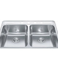 Drop In Double Bowl Kitchen Sink 33 Inch Long By 22 Inch Wide 3 Hole 18 Gauge Stainless Steel With EZ Torque Installation System in top view