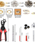 All In One Belt Hole Punch Tool Kit With Multiple Size Grommet Eyelets For Belts Watch Bands Straps displayed with accessories