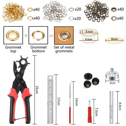 All In One Belt Hole Punch Tool Kit With Multiple Size Grommet Eyelets For Belts Watch Bands Straps displayed with accessories