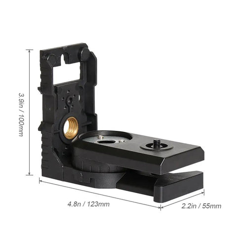 Laser Level L Shape Adapter With Magnetic Pivoting Base For Wall And Ceiling Mount, side view showing dimensions and thread size.
