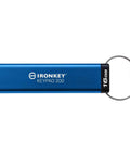 Rock Solid 16Gb Encrypted Usb Drive With Alphanumeric Keypad Lock, sleek blue design with metal casing, convenient for secure data.