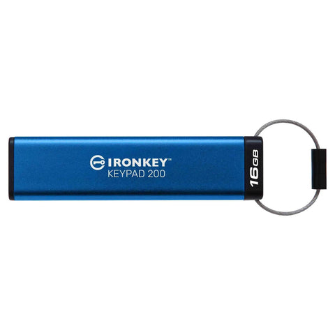 Rock Solid 16Gb Encrypted Usb Drive With Alphanumeric Keypad Lock, sleek blue design with metal casing, convenient for secure data.