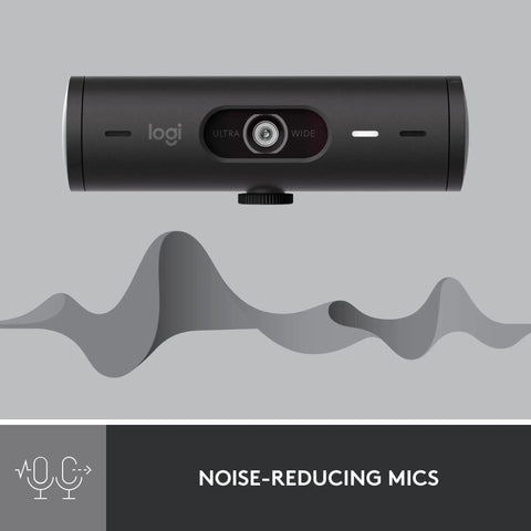 Built Different Brio 501 Full HD Webcam With RightLight 4 Tech 1080p Video Call Camera front view with noise-reducing mics