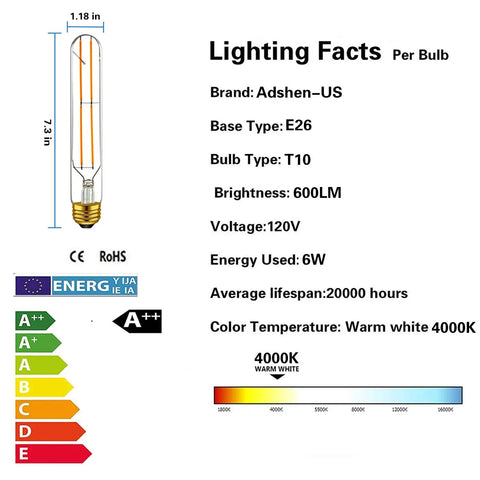 Lighting facts for Dimmable 6W Edison Tubular LED Bulbs T10 T30 With E26 Base, 4000K, 60W equivalent, energy efficient specs