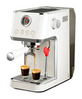 Top Shelf Dual Boiler Espresso Machine With 58 MM Commercial Brew Head And Powerful Steam Wand For Killer Crema And Easy Home Barista Shots In Classic Ivory with espresso pouring.