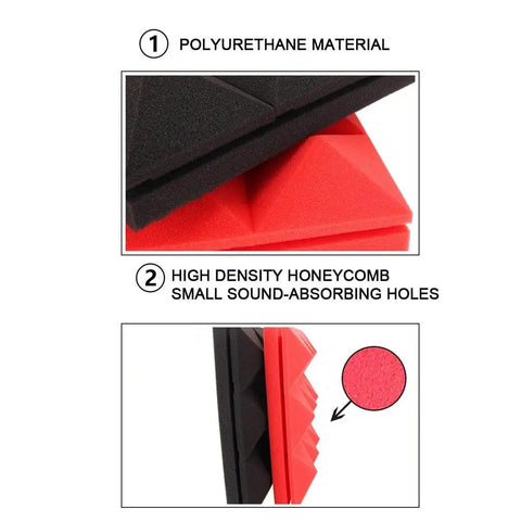 Pro Level Studio Gear Acoustic Foam Panels 12 Pack Sound Dampening Wall Tiles 2 X 12 X 12 Inch red and black polyurethane with sound-absorbing holes.