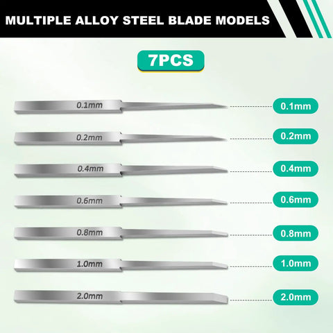Professional Grade Seven Piece Alloy Scribing Tool Kit With Hella Sharp Micro Blades For Precision Gunpla Line Etching And Resin Detailing Badass Modeler Gear, showing seven steel blades with sizes from 0.1mm to 2.0mm.