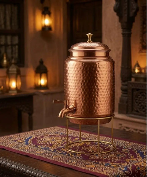 Copper Hammered Water Dispenser With Tap And Stand, four copper glasses included, 6.5 liter capacity for family use and home gatherings