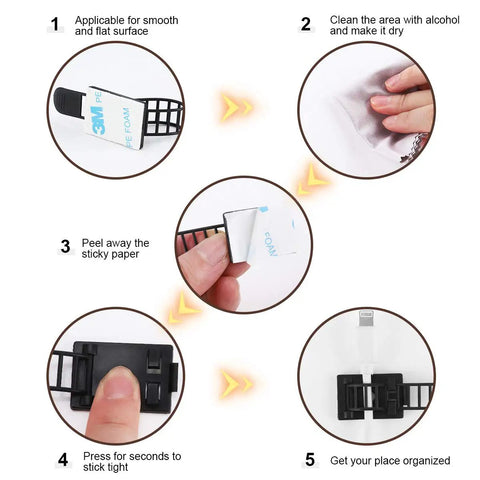 Installation steps for Neat Adhesive Cable Management Clips And Zip Ties Kit 50 Pcs Adjustable Nylon Wire Clips And Clamps Organizer Strong Adhesive Tape Mount Includes Extra Screw And Hole Three Point Three Five Inch Black Tangle Free Home Office Setup shown with hand demonstration.