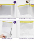 Image showing step-by-step use of the Six Rolls Pre Taped Masking Film Set For Automotive Painting Drape And Cover Multi Size 55cm 110cm 150cm Each Two Rolls 66 Feet Per Roll Easy Unfold Cut And Apply.