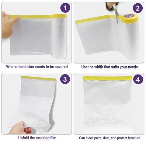 Image showing step-by-step use of the Six Rolls Pre Taped Masking Film Set For Automotive Painting Drape And Cover Multi Size 55cm 110cm 150cm Each Two Rolls 66 Feet Per Roll Easy Unfold Cut And Apply.