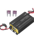 600W MPPT Solar Charge Controller with Step-Up Design, metal shell, installed cables, and two purple fuses for efficient charging