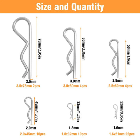 Heavy Duty Cotter Pins Kit With Alloy Steel R Clip Set 52 Pieces Six Sizes For Trailers Trucks Lawn Mowers And Industrial Maintenance Locking Mechanism Cold Forged Zinc Nickel Plated - six cotter pin sizes diagram