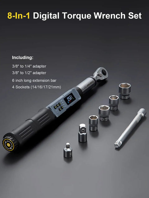 Digital Torque Wrench Three Eighths Inch Drive With Quick Socket Head Change No Delay Display Two Percent Accuracy Set