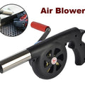 Hand Cranked Portable BBQ Fan and Campfire Bellows to Amp Up Yard Flames Fast With Durable Metal Body and Effortless Pump Design for Weekend Cookout Sessions, side view of black alloy air blower.