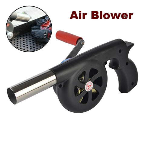Hand Cranked Portable BBQ Fan and Campfire Bellows to Amp Up Yard Flames Fast With Durable Metal Body and Effortless Pump Design for Weekend Cookout Sessions, side view of black alloy air blower.