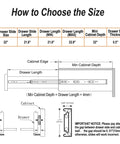 Diagram showing size guide for Soft Close Drawer Slides 22 Inch Full Extension Ball Bearing with measurements and installation tips.
