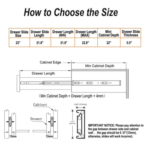 How to choose size guide for 22 Inch Full Extension Drawer Slides With Ball Bearing Rollers, Heavy Duty Side Mount, 100 Lb Capacity.