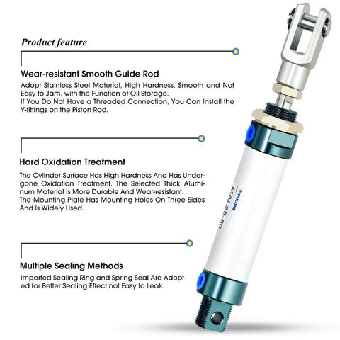 Close-up of 25mm Bore 50mm Stroke Pneumatic Air Cylinder Double Acting With Y Connector and Two 6mm Fittings, aluminum body