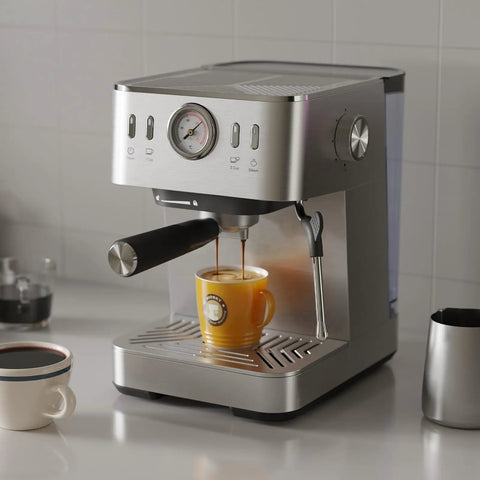 Compact Espresso Machine With 20 Bar Pressure And Digital Temp Display Built In Milk Frother brewing coffee into a yellow mug.