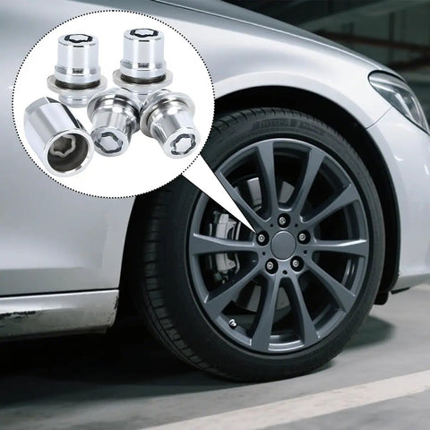 Anti-Theft Wheel Lock Lug Nut Set M12 x 1.5 Chrome Cone Seat 4-Piece With 1 Key installed on car wheel